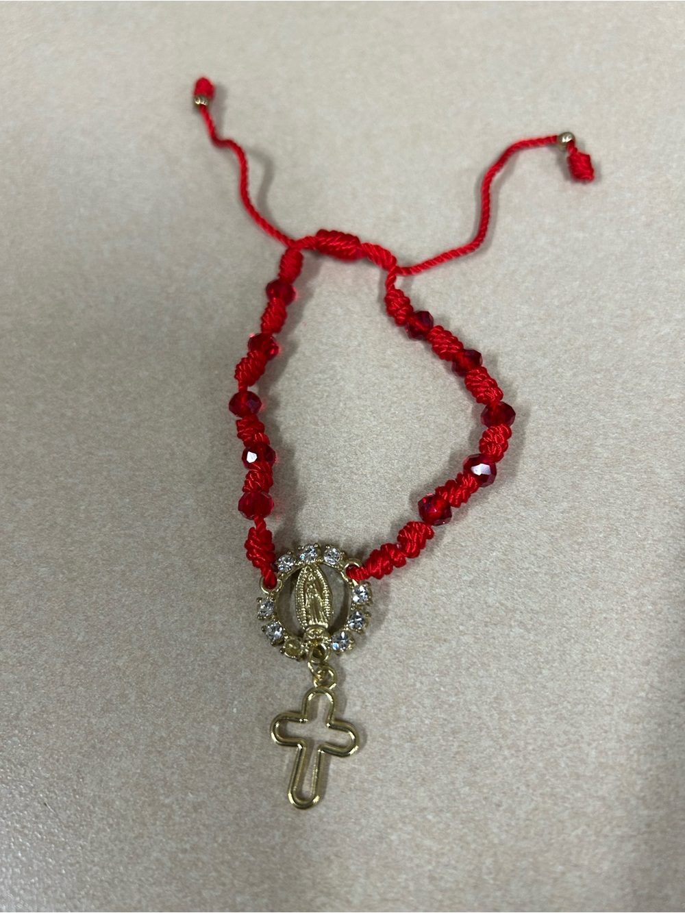 Red Religious Rosary-Style Bracelet with Gold Cross